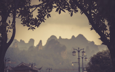 View of rocky karst mountain formations in Zhangjiajie