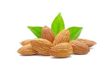 Almonds with green leaves isolated on white background. Almonds,a source of dietary fiber.