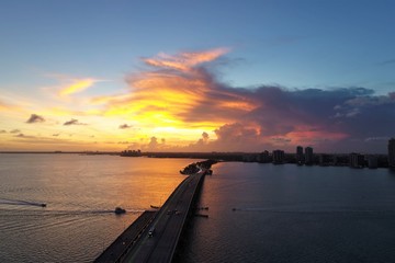 Aerial view of sunset in the Biscayne bay, Miami, United States. Great landscape. Vacation travel. Travel destination. Tropical scenery.