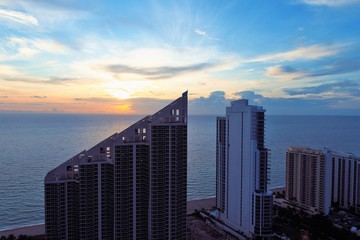 Fototapeta na wymiar Aerial view of sunrise in Sunny Isles Beach, Miami, United States. Great landscape. Vacation travel. Travel destination.