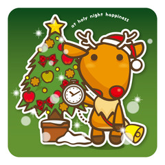 はっぴークリスマス　クリスマスツリーと時間を気にするトナカイさん（緑）