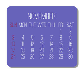 November year 2019 monthly calendar