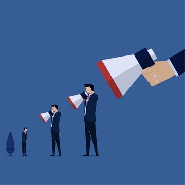 Business flat vector concept hand hold megaphone to other man metaphor of blaming else.
