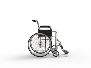 Fototapeta na wymiar Wheelchair with black leather seat and metal railings - side view
