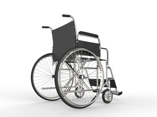 Fototapeta na wymiar Medical wheelchair with black leather seat and metal railings - low angle shot