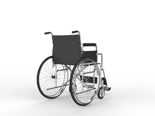 Wheelchair with black leather seat and metal railings - rear view