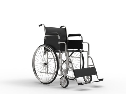 Wheelchair with black leather seat and metal railings
