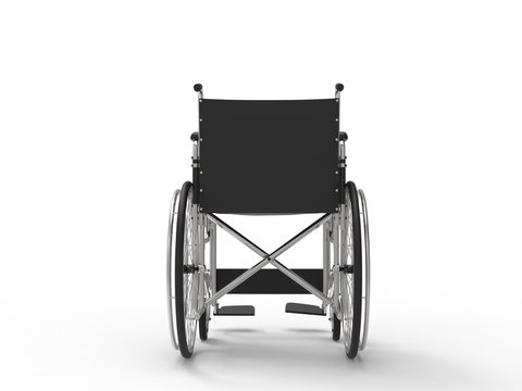 Wheelchair with black leather seat and metal railings - back view
