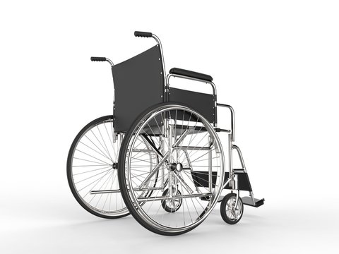 Medical wheelchair with black leather seat and metal railings - low angle shot