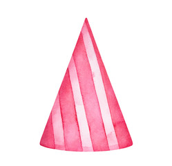 Birthday party cone hat with pink stripe pattern. One single object, front view. Handdrawn watercolour artistic drawing on white background, cut out clip art element for design, poster, greeting card.