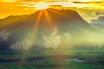 Panoramic nature background (mountains, sea, trees, twilight lights in the sky, waterfront communities), naturally blurred through the wind, seen on tourist spots or scenic spots
