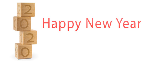 Happy new year card for 2020 with 2019 and 2020 numbers on stacked wooden cubes, isolated on white background