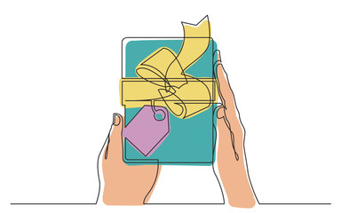 continuous line drawing of two hands holding gift box with ribbon and label