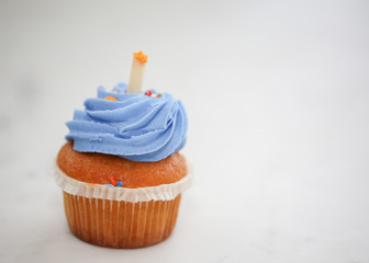 Teal birthday cupcake with butter cream icing isolated on white. - Image