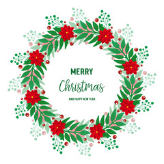 Text lettering merry christmas and happy new year with abstract green leaf flower frame. Vector