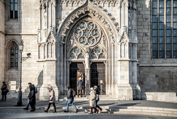 Ornate architectural details of the Matthias Church entrance. Budapest, Hungary