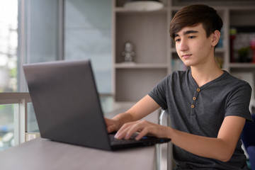 Young handsome Iranian teenage boy relaxing at home