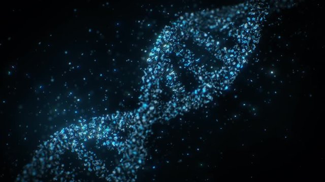 Slowly rotating DNA helix made from small particles, binary code. Animation is symbolising new technology of making DNA helix as an digital memory storage. 4K, 50fps