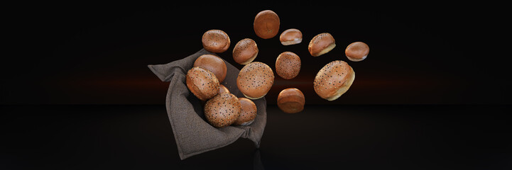 Bread in basket isolated. 3d rendering
