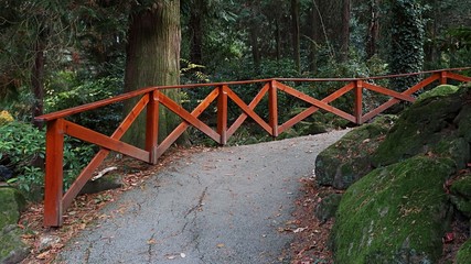 Wooden balustrade around pathway in arboretum, moss covered rocks on right side, autumn fallen...