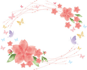 桜：花　4月　フレーム　枠　飾り枠　桜の花　花びら　満開　蝶