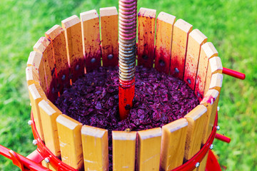 Wine press machine with red must and helical screw. Crusher, wooden winepress on grass outdoors.Concept of small craft business. Grape harvest. Special equipment for the production of wine, winemaking