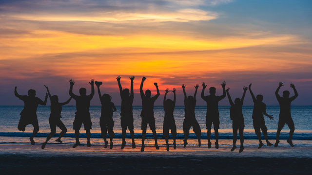 Silhouette Group Of Traveler Jump Together On Sunset Vacation Beach, Happy Success Business People Team Joy Fun On Summer Holiday Trips, Leisure Tourist Travel Phuket Thailand Fun Beach, Tourism Asia