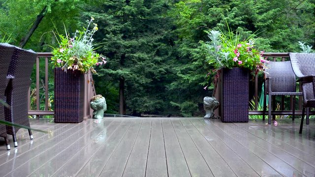 View of a lush forest from a beautiful deck with a cold look. Filmed in 4k quality at 24 frames per second.