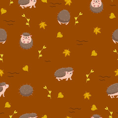 Obraz premium Cute hedgehogs on a brown background seamless pattern. Vector graphics.