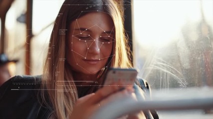 Future. Face Detection. Technological 3d Scanning. Biometric Facial Recognition. Face Id. Technological Scanning Of The Face Of Beautiful Caucasian Woman At The Tram For Facial Recognition. Shoted By - Powered by Adobe