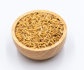 Paddy Rice in wooden bowl on white background