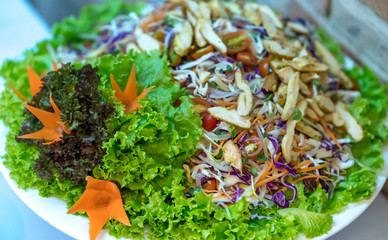 Mixed Salad with meat, tofu, mushrooms in the meal buffet