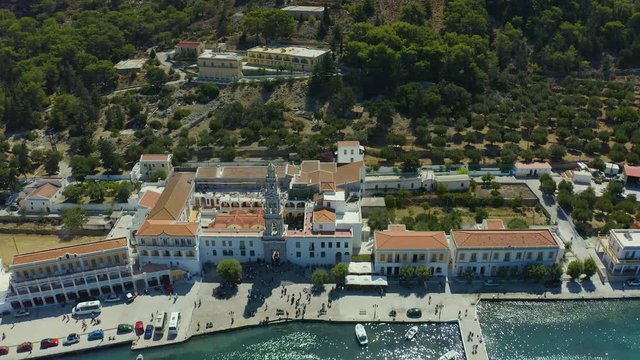 Aerial view frome drone Panormitis monastery, Symi island, Greece is the most important place of pilgrimage for the whole of Greece