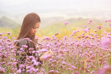 Obraz na płótnie Canvas Romantic Asian women are standing to admire the beauty of flowers in the mountain gardens at Phetchabun province , Thailand.Travel with family cancept.