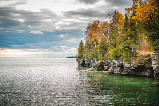 Fall Landscape In Door County, Wisconsin, On The Shores Of Lake Michigan.