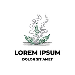 Marijuana or cannabis leaf with smoke around logo design hand drawn style