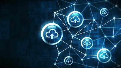 Server data space with cloud icons floating. Internet connection structure. Upload icon. Business technology concept. Polygonal space with connecting dots and lines. Wireframe polygon and icon. - Powered by Adobe