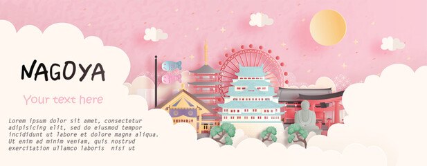 Fototapeta premium Tour and travel advertising, postcard, panorama poster of world famous landmark of Nagoya, Japan in paper cut style vector illustration.