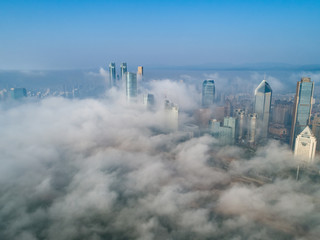 A City shrouded in fog in the morning, Nanchang, China 