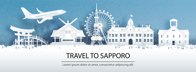 Travel advertising with travel to Sapporo concept with panorama view city skyline and world famous landmarks of Japan in paper cut style vector illustration.