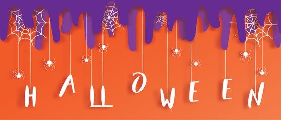 Happy Halloween banner template sale in paper cut style. Vector illustration. 