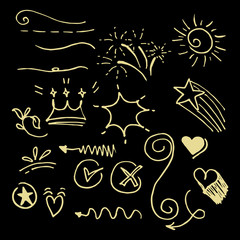 Vector doodle set of design element. curly swishes, swoosh, swoops, swirl, arrow, heart, love, crown, flower, star, firework, highlight text and emphasis element. use for concept design