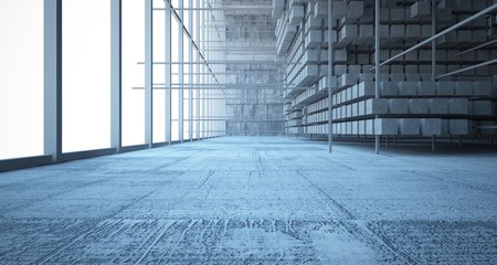 Abstract architectural concrete  interior  from an array of white cubes with large windows. 3D illustration and rendering.