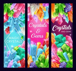 Crystals, gemstones of amethyst, diamond, quartz