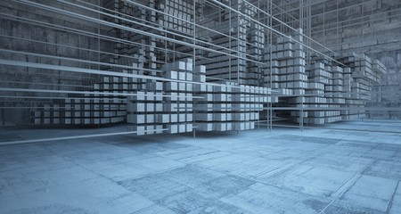 Abstract architectural concrete  interior  from an array of white cubes with large windows. 3D illustration and rendering.