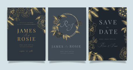 Fototapeta na wymiar Luxury Wedding Invitation set, invite thank you, rsvp modern card Design in Golden and white rose with leaf greenery branches decorative Vector elegant rustic template