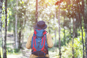 close up backpack man hiking traveling on forest in travel Lifestyle wanderlust adventure with enjoying on nature. Tourist traveler on background valley landscape view.