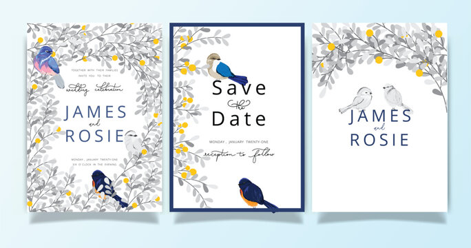 Little Bird Wedding Invitation set, floral invite thank you, rsvp modern card Design in yellow floral with gray leaf greenery  branches decorative Vector elegant rustic template