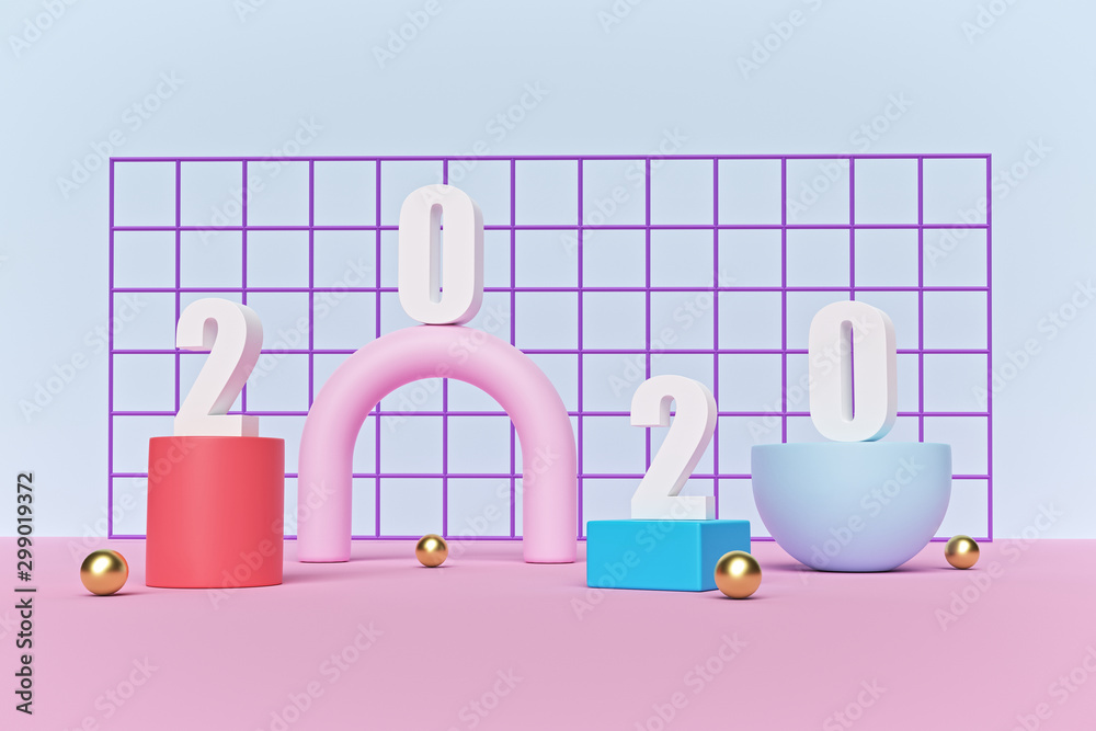 Poster 2020 numbers in abstract geometric elements background. trendy design in pastel colors. minimal new 