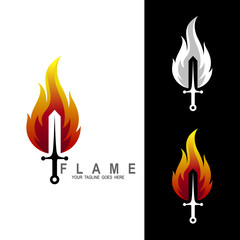 Sword logo, Flaming sword with a red flame. Magical fantasy blade. Element of computer game